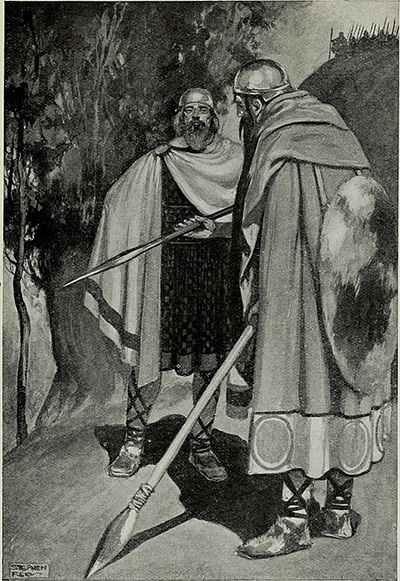 An illustration of the meeting between the Fir Bolg and Tuatha Dé Danann as featured in Myths and Legends of the Celtic Race 1910