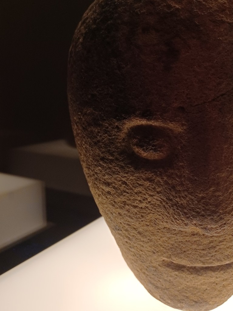 Half of one face of the Corleck Head, showing the detail on the nose and eye.